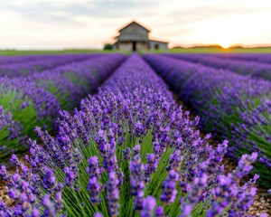 Fototapeta premium Lavender field with barn at sunset