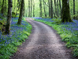 Enchanting forest path through a sea of bluebells