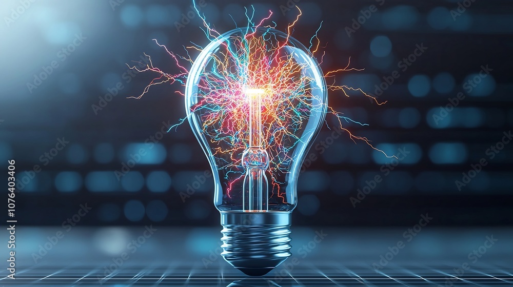 Aufkleber Glowing light bulb filled with multi colored branching lightning and electric sparks intense glow effect on transparent background creating a futuristic creative and innovative visual concept