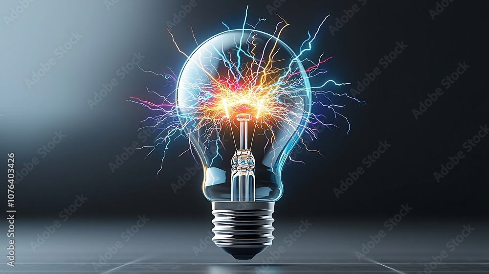 Aufkleber Intense Glowing Light Bulb Filled with Multi Colored Branching Lightning and Electric Sparks Isolated on Transparent Background for a Futuristic and Energetic Look