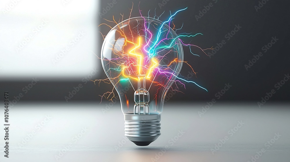 Poster vibrant and futuristic lightbulb filled with branching electric sparks and colorful lightning bolts 