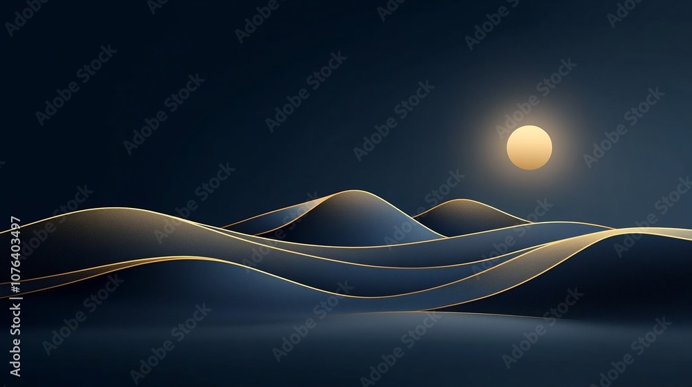 Poster Elegant gold line art depicting a serene minimalistic landscape of mountains set against a dark blue background created in a sophisticated style