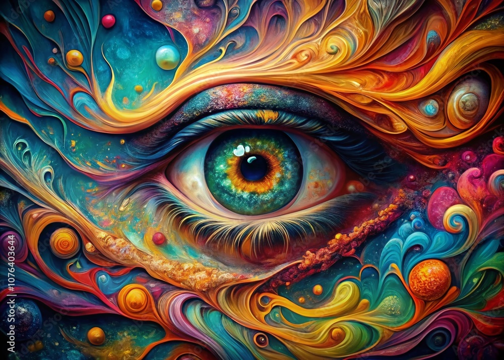 Aufkleber captivating drone photography of a vibrant eye in abstract paint, merging colorful swirls and intric