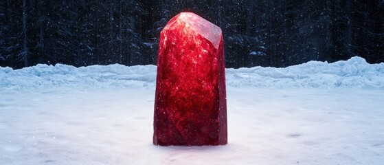 Glowing red crystal in snowy landscape
