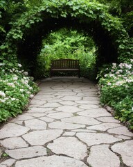Enchanting garden path with wooden bench