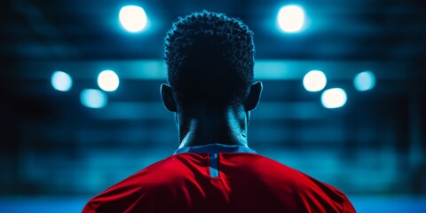 Rear view of a soccer player in a red jersey walking through a brightly lit stadium tunnel before a match, representing athleticism and anticipation.