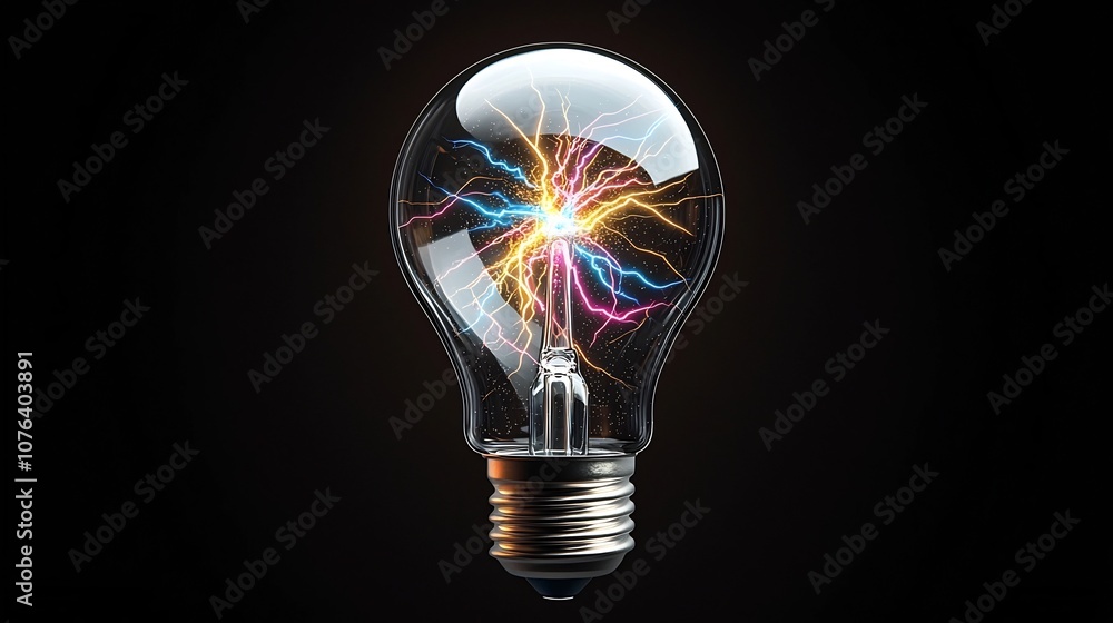 Poster Radiant transparent light bulb with electrifying multicolored lightning and electric spark effects creating an intense visually striking and futuristic conceptual design