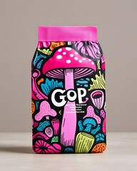 Obraz premium Colorful packaging featuring mushrooms, vibrant design, artistic and eye-catching.