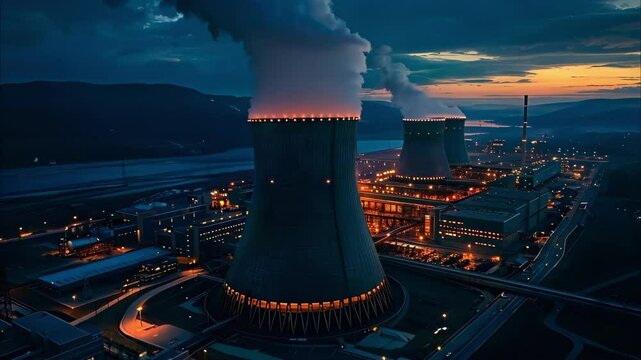 A nuclear power plant at dusk, featuring cooling towers emitting steam against a backdrop of mountains and a river.