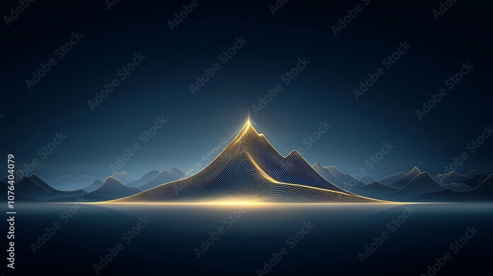 Poster Elegant Hand Drawn Line Art of a Mesmerizing Mountain Range with Delicate Gold Lines on a Serene Dark Blue Background Perfect for a Refined and Minimalistic Design