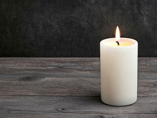 Burning white candle on dark wooden table
