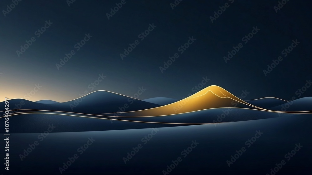 Poster elegant and simple minimalistic hand drawn golden mountain landscape on a rich dark blue background 