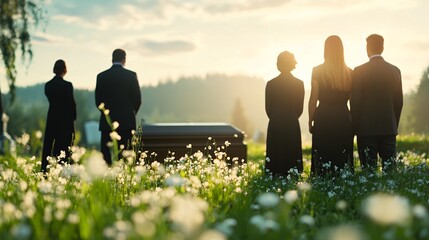 A solemn outdoor gathering of mourners at a cemetery during sunset