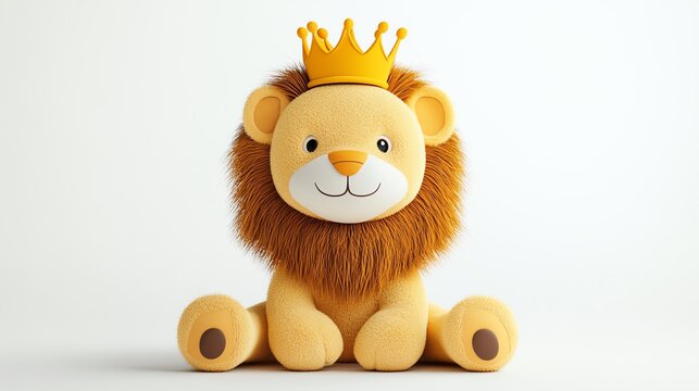a 2D cartoon illustration of a stuffed lion wearing a crown, cute and royal, white background--ar 16:9