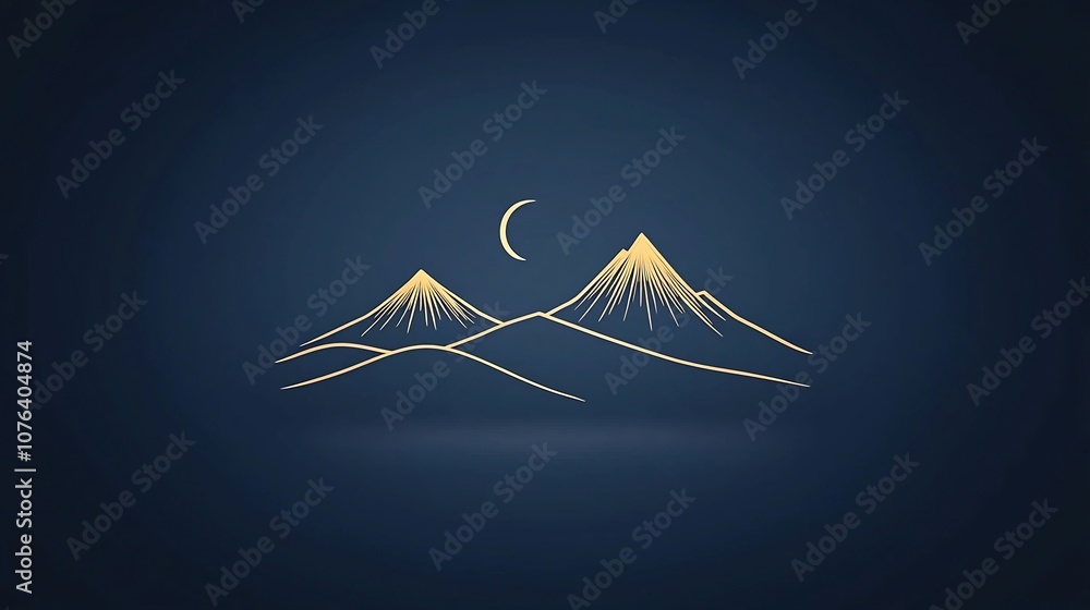 Poster mountain range in fine gold line art hand drawn on a dark blue background creating a simple elegant 