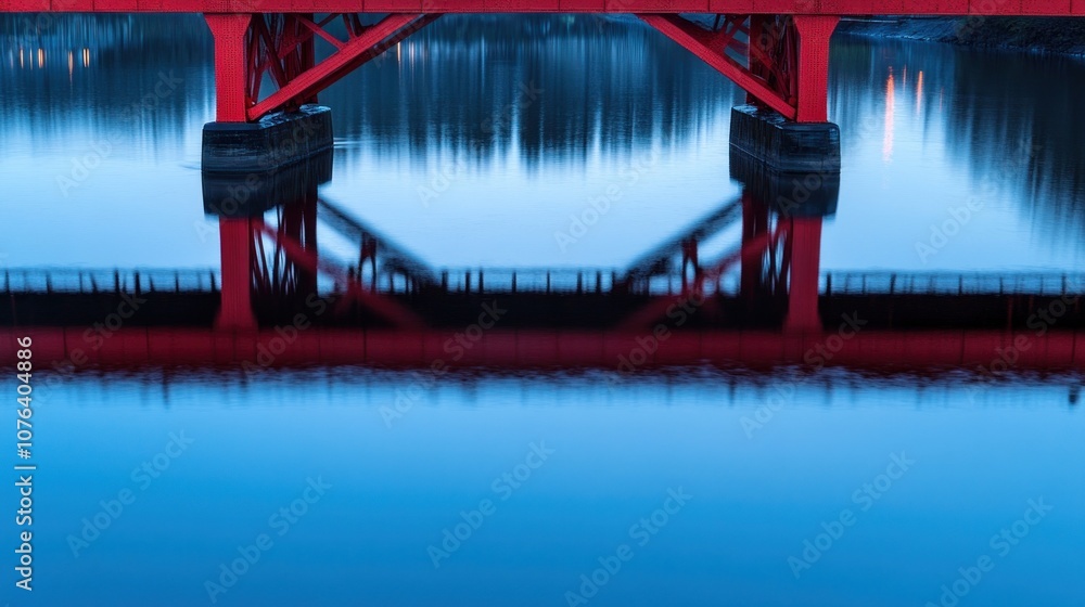 Poster a vibrant red bridge reflected in calm water, creating a serene and symmetrical composition.