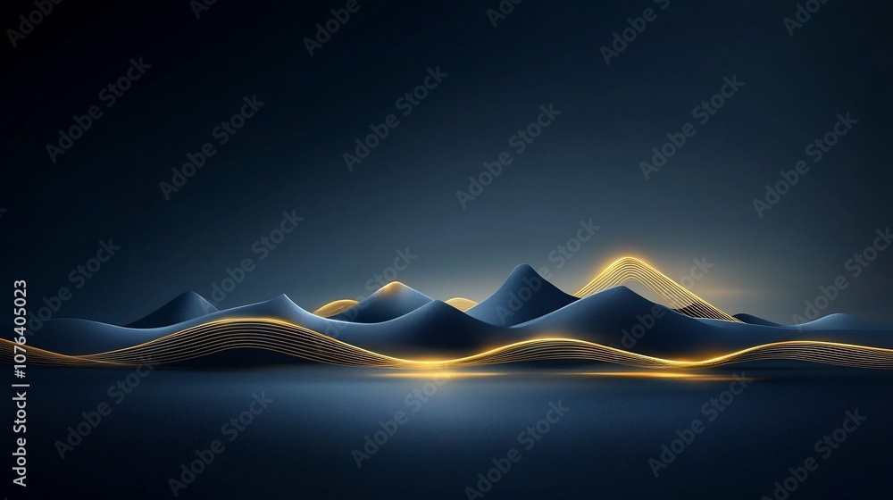 Poster elegant and refined generative mountain landscape with simple hand drawn golden lines against a dark