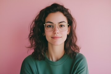 Obraz premium Portrait of young beautiful brunette female model with glasses posing isolated on pink background