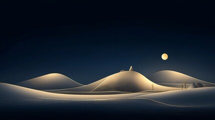 Elegant and refined generative mountain landscape featuring simple golden lines and shapes against a dark blue background resulting in a modern minimalist and scene