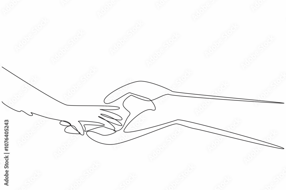 Poster single continuous line drawing hand of monkey and hand of human is touch. can be trusted. not a pet 