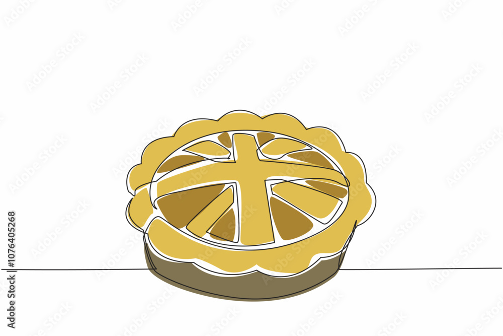 Poster single continuous line drawing great britain flag shaped pie surface in a round pan. the golden brow