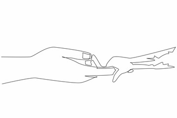 Single one line drawing monkey hand holding human index finger. Humans have the ability to care and protect the natural world. Preserve. World Wildlife Day. Continuous line design graphic illustration