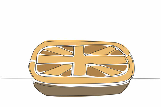 Continuous one line drawing Great Britain flag shaped pie surface in a rectangular pan. Culinary tradition. Connection culture and food. British Pie Week. Single line draw design vector illustration