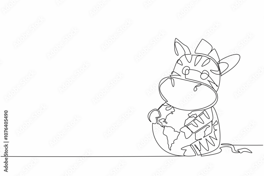 Poster single continuous line drawing cute zebra hugging globe. the vast and green grassland is the best pl