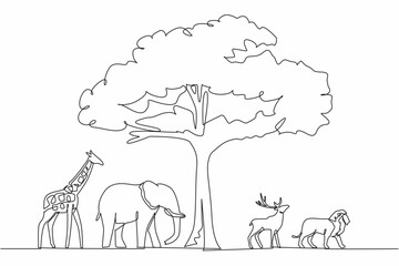 Continuous one line drawing big tree in middle of giraffe, elephant, deer, lion. Shady and leafy trees maintain the balance of nature. World Wildlife Day. Single line draw design vector illustration.