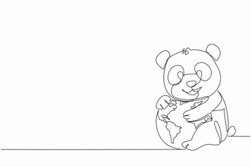 Single continuous line drawing cute lion hugging globe. Stop cutting down bamboo trees at will. Let them live comfortably. Ecosystem. Habitats. World Wildlife Day. One line design vector illustration