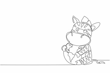 Single continuous line drawing cute zebra hugging globe. The vast and green grassland is the best place for them. Prevent them from extinction. World Wildlife Day. One line design vector illustration