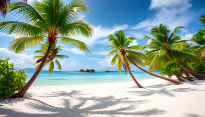Obraz premium Beautiful tropical beach banner. White sand and coco palms travel tourism wide panorama background concept. Amazing beach landscape 