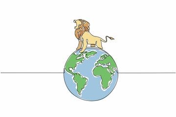 Naklejka premium Continuous one line drawing globe with lion on top. Roar. Animal symbol number one. Top of the food chain. Fierce predator. Carnivore. World Wildlife Day. Single line draw design vector illustration