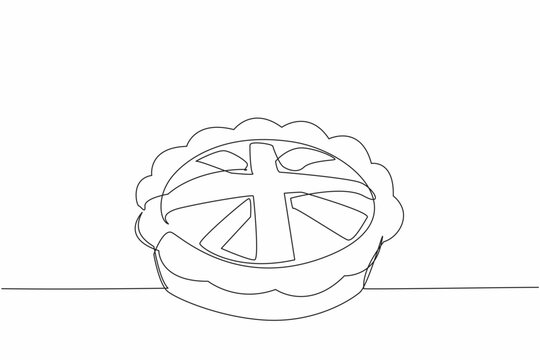 Single continuous line drawing Great Britain flag shaped pie surface in a round pan. The golden brown color invites anyone to try it. Celebration. British Pie Week. One line design vector illustration