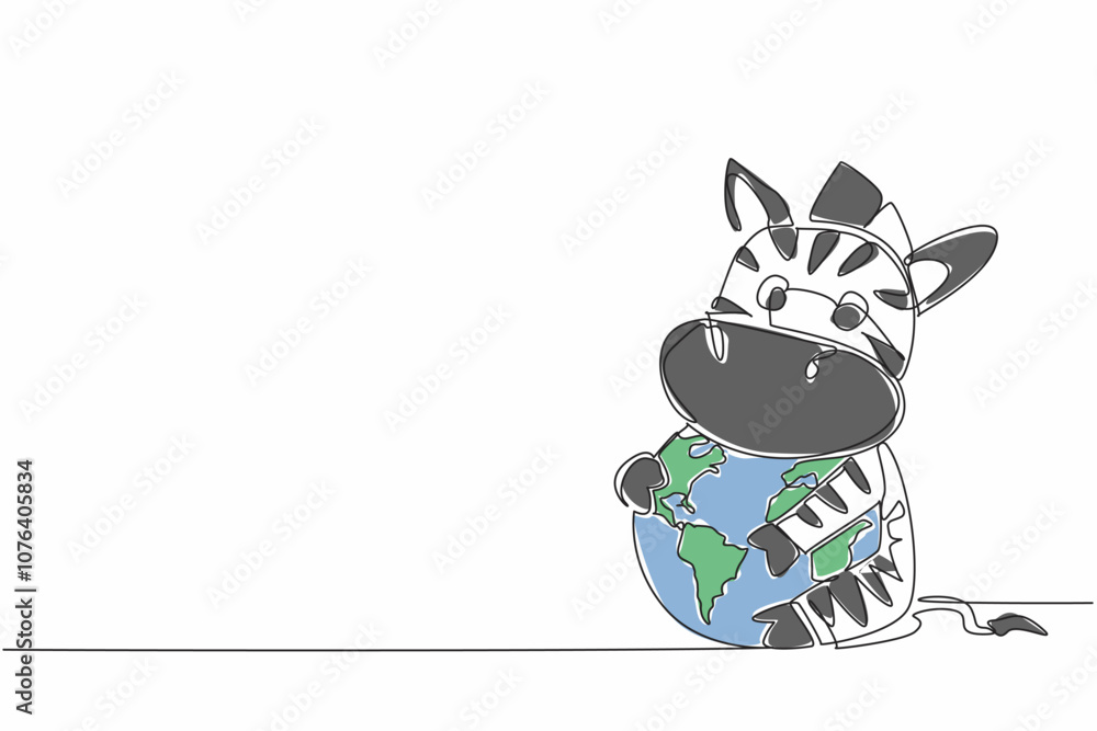 Poster single continuous line drawing cute zebra hugging globe. the vast and green grassland is the best pl