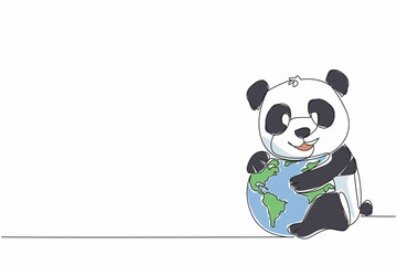 Single continuous line drawing cute lion hugging globe. Stop cutting down bamboo trees at will. Let them live comfortably. Ecosystem. Habitats. World Wildlife Day. One line design vector illustration