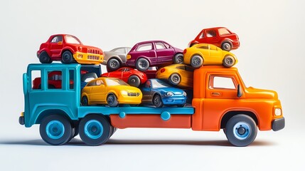 a 2D cartoon illustration of a toy truck carrying tiny cars, fun and active, white background--ar 16:9