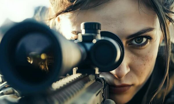 A focused female sniper aims through the scope of her rifle, her eyes tense and determined
