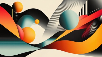Abstract Art with Curved Shapes, Spheres, and Geometric Patterns