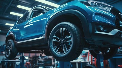 Fototapeta premium Close-Up of Mechanic Changing Wheel on Blue Sport SUV in Garage, Vehicle on Lifting Platform with New Black Tire