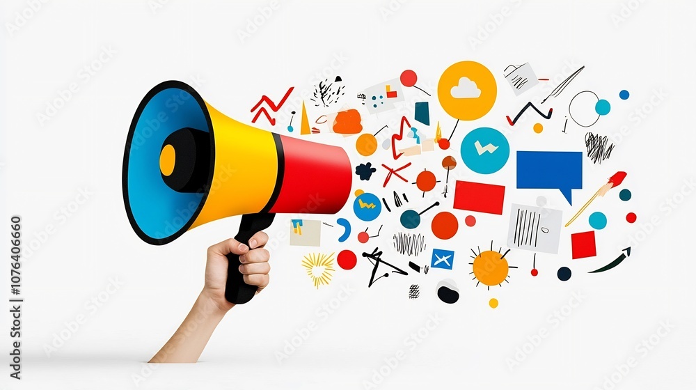 Aufkleber creative and modern collage image of a hand gripping a megaphone filled with abstract colors and sha