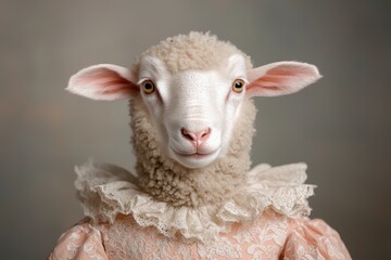 Fototapeta premium Adorable fluffy sheep with pink ears and big eyes