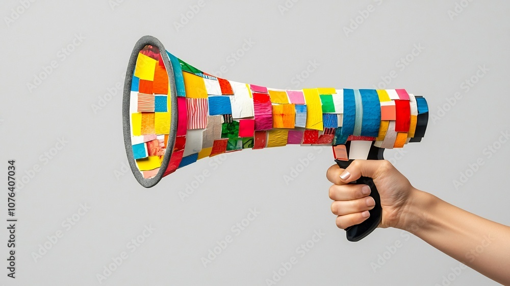 Poster hand holding a megaphone filled with a vibrant collage art representing the concept of modern commun