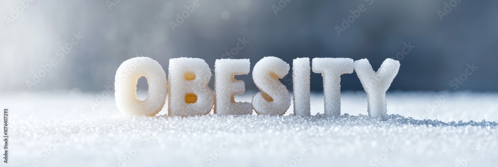 Poster the word obesity written with sugar letters placed on a surface of granulated sugar represents the h