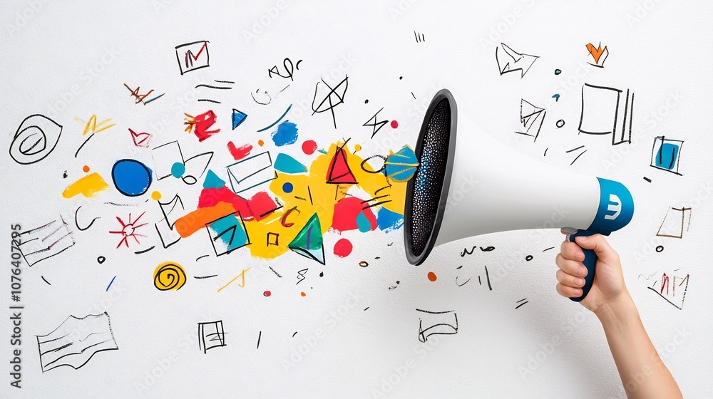 Poster conceptual artwork depicting a hand holding a megaphone with a vibrant abstract collage of colors an