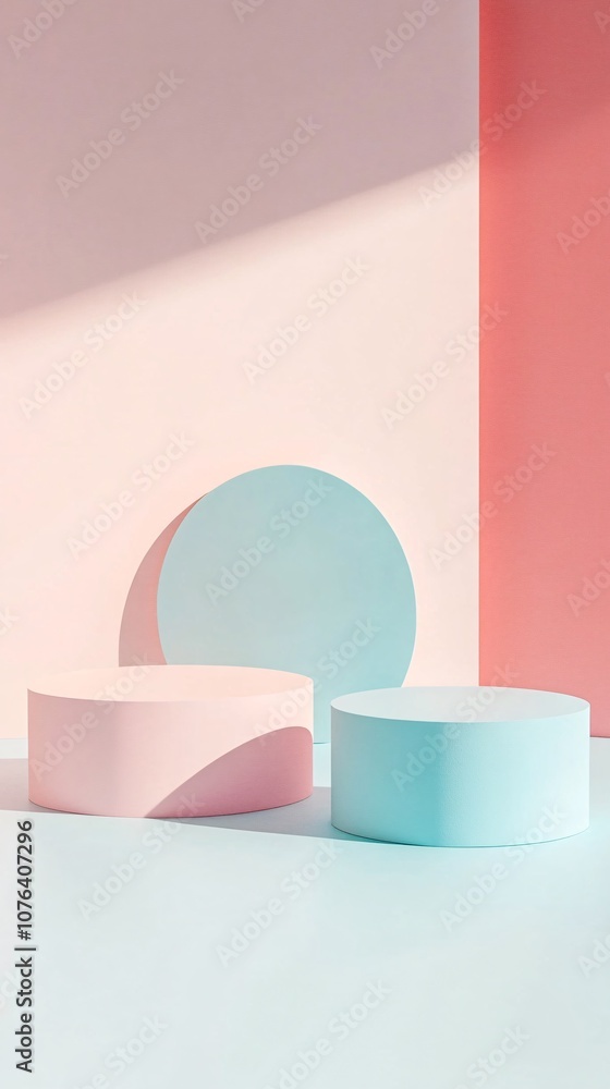 Poster Pastel colors minimalist abstract background with geometric podiums for product placement