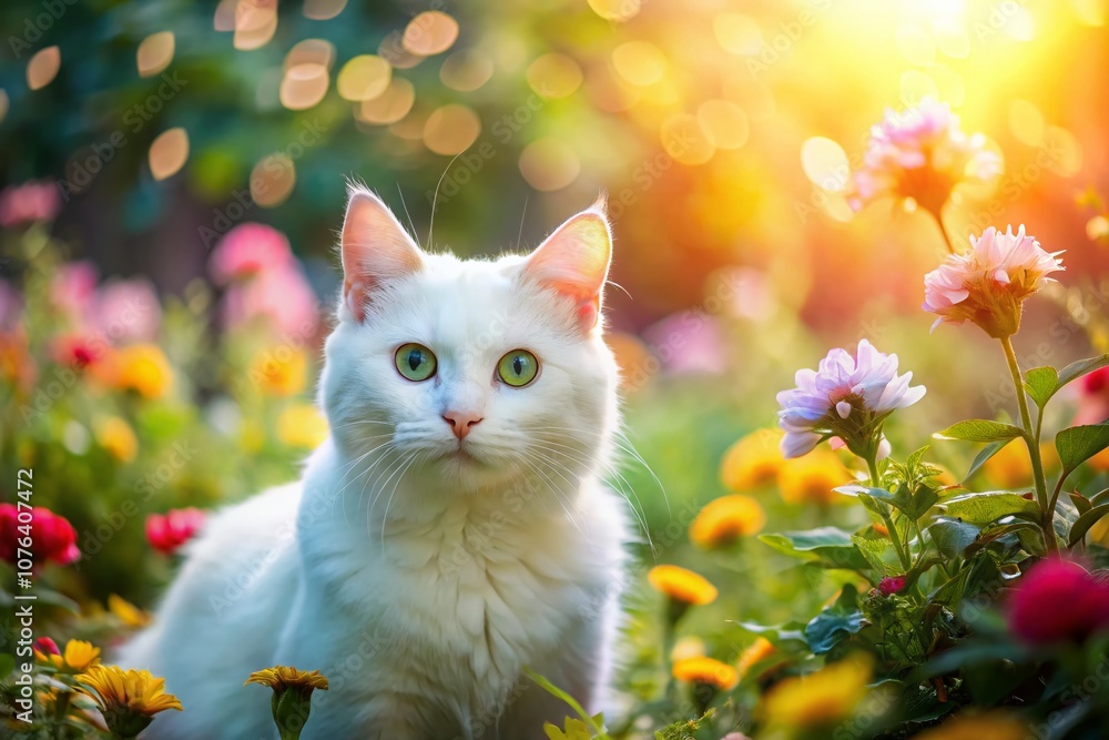 Aufkleber captivating image of a playful white cat with bokeh effect in a serene garden setting, highlighting 