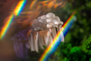 Closeup of a bunch of shimeji mushrooms surrounded by green moss