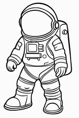 Fototapeta premium Adventurous astronaut spaceman coloring, cosmic page book contour drawing, playful doodle cosmonaut outline space, universe astronomy galactic, science exploration