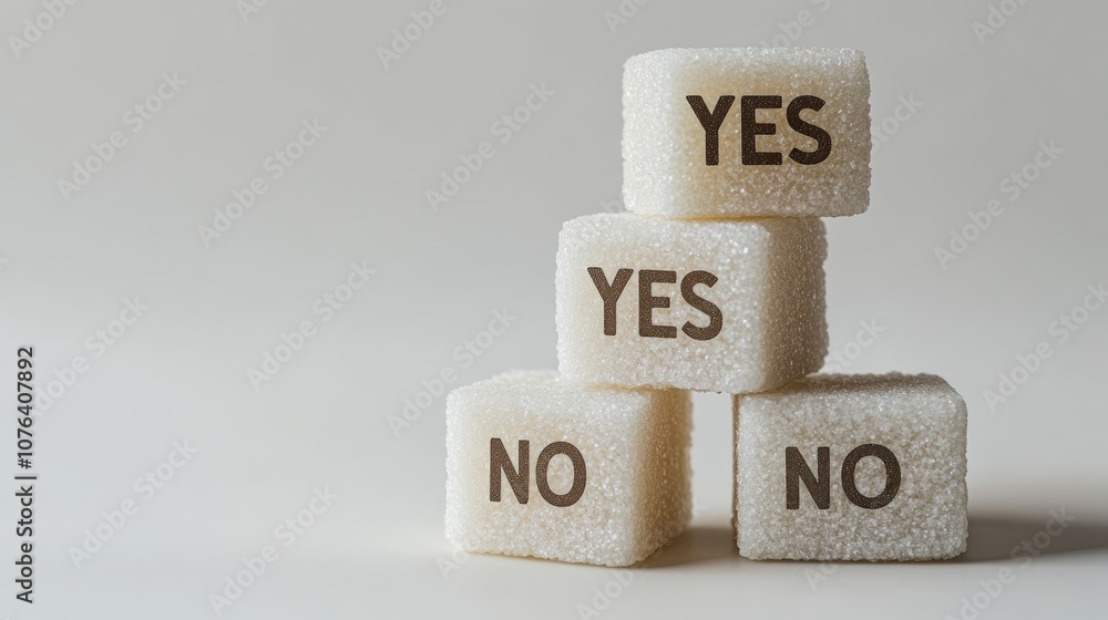 Poster stacked sugar cubes with 'yes' and 'no' imprints, symbolizing decision making on sugar intake and he